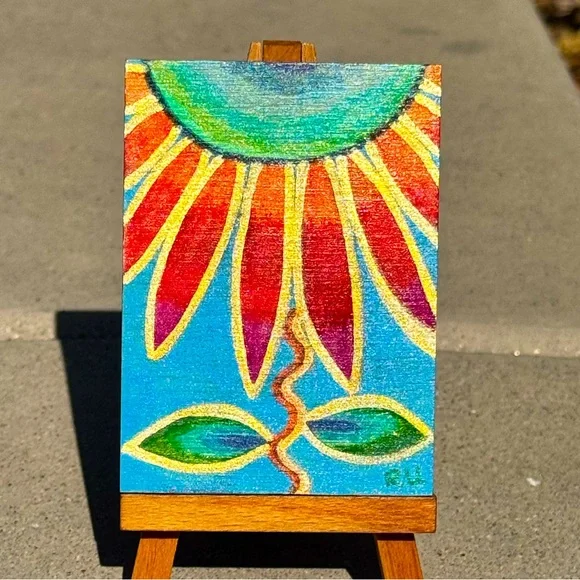 ACEO Miniature painting and magnet. Handmade whimsical flower with mini easel - Picture 2 of 4